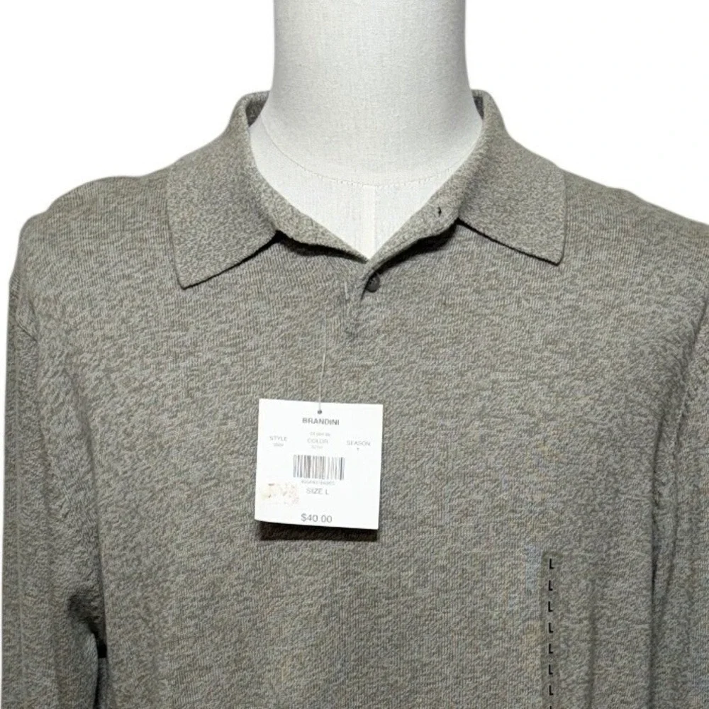 Brandini Sweater Mens Large Tan Polo Pullover Long Sleeve Marl Knit Cotton